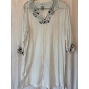 Chico's Womens White Sequin Embellished Boho‎ Cotton Tunic Top Coverup Size 3